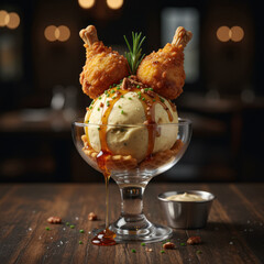 Fried chicken drumsticks atop creamy ice cream dessert in a glass bowl, drizzled with syrup, garnished with herbs, showcasing a unique culinary fusion concept