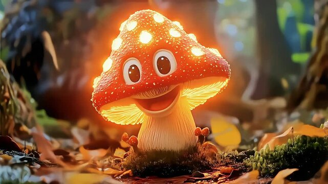 Animated glowing mushroom with happy face, with autumnal forest foliage
