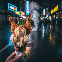Fried chicken ice cream cone with crispy chicken wings on top, colorful sprinkles, and caramel drizzle, set against a vibrant urban night scene with neon lights and bustling atmosphere