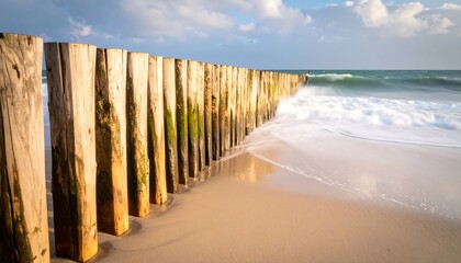 Wooden seawall on a beach at sunrise