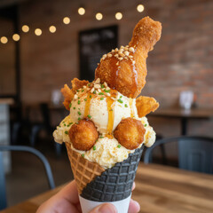 Unique dessert featuring fried chicken atop creamy ice cream in a waffle cone, garnished with nuts and drizzled sauce, showcasing an innovative culinary concept