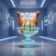 Fried chicken ice cream dessert served in a glass bowl, featuring colorful sprinkles and drizzled sauce, set in a futuristic food-themed environment with neon accents