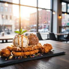 Fried chicken served with ice cream scoops, drizzled with caramel sauce and colorful sprinkles, beautifully presented on a slate platter in a modern restaurant setting
