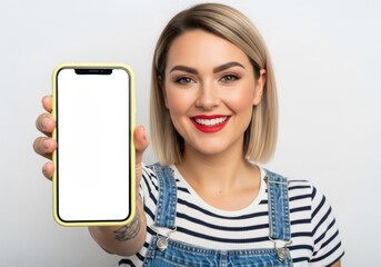 Smiling woman holding smartphone with blank screen for app demo or product showcase