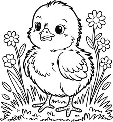 Cute baby chick amongst flowers simple line art outline drawing vector