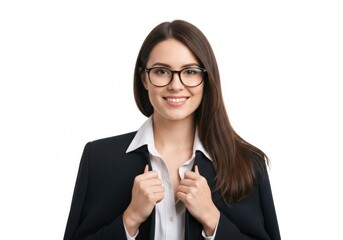 Confident businesswoman with glasses smiling and adjusting her blazer professional portrait studio shot