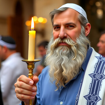 Jewish Bearded Man holding Havdala Candle on his hand
