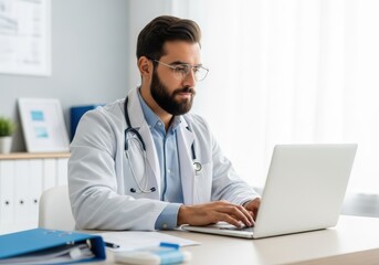 Focused male doctor wearing stethoscope and glasses typing on laptop in modern medical office with natural light