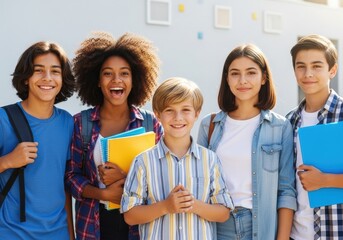 Diverse group of happy and smiling young students posing together outdoors ready for school or campus activities with backpacks and books