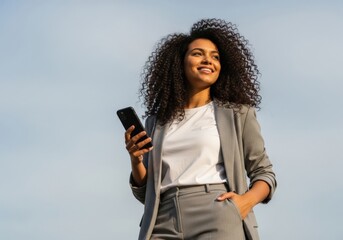 Smiling confident young woman holding smartphone outside with fluffy cloud sky in background looking to the side with hand in pocket