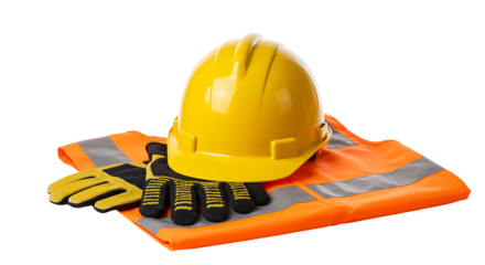 Construction safety gear yellow hard hat, reflective vest, and work gloves arranged on a white background