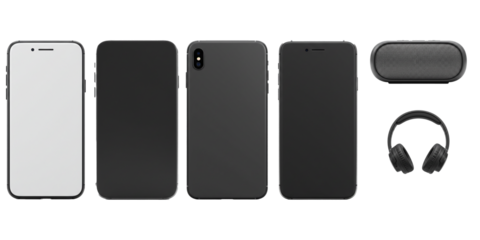 Various smartphones alongside bluetooth speaker and headphones on dark background