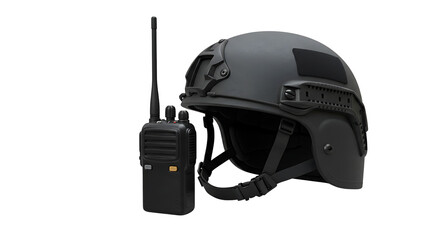 Fototapeta premium Tactical helmet and radio communication device on a white background