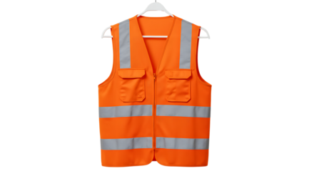 Bright orange high-visibility safety vest with reflective stripes hanging on a hanger, isolated on a white background for construction and road work safety
