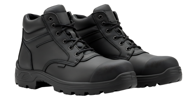 Durable black work boots, providing essential protection and all-day comfort, perfect for professionals in demanding industrial and construction environments