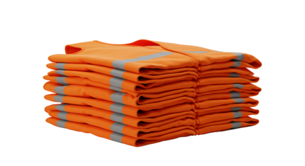 Stack of folded orange safety vests with reflective stripes, essential for construction and road work visibility