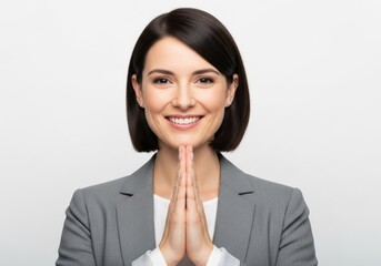 Smiling business woman in gray blazer performing namaste gesture in studio portrait