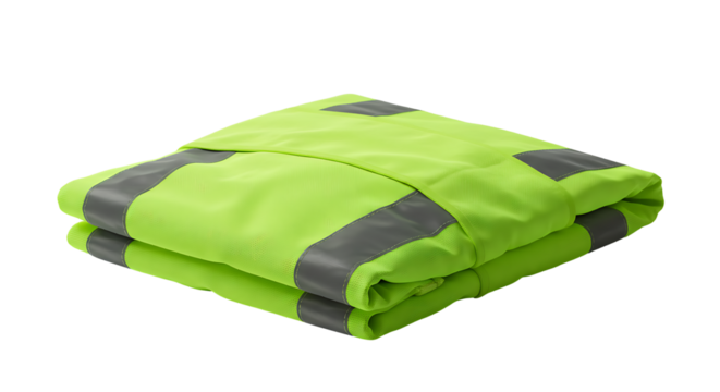 Folded high-visibility safety vest with reflective stripes on a white background