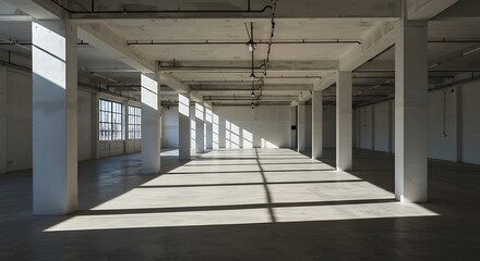 Empty warehouse interior with concrete floor and pillars bathed in sunlight streaming through windows creates a sense of vastness and potential, evoking industrial minimalism.