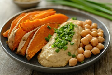 Sweet potatoes, chickpeas, and hummus arranged artistically on a dark plate with fresh green onions for a healthy meal