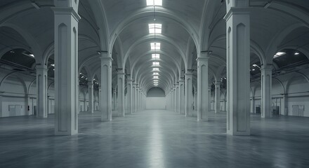 Grand empty hall with arched ceiling and rows of pillars bathed in soft light creates a sense of vastness and architectural beauty, evoking a feeling of serenity.