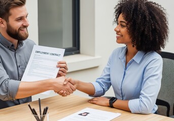 Two diverse professionals shaking hands across a table signifying a successful business agreement partnership or job interview conclusion