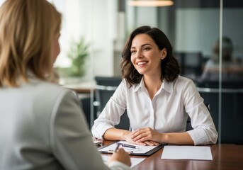 Smiling woman in business attire engaged in a positive interview or client meeting discussing work professional collaboration and career growth.