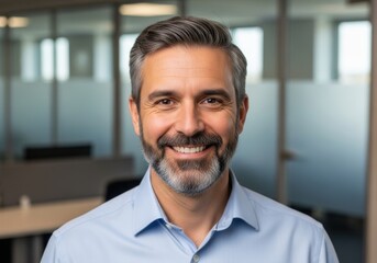 Professional man smiling in office environment confident business leader portrait with subtle beard and light blue shirt engaging and approachable executive photo