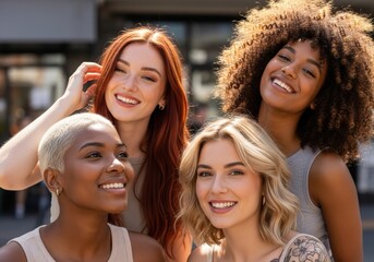 Diverse group of happy young women with different hair colors and styles smiling joyfully outdoors in natural sunlight enjoying friendship and connection