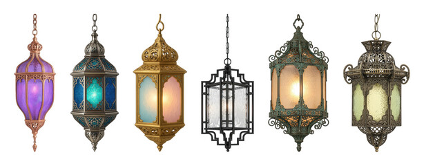 Ornate hanging lanterns set including various metal finishes and colored glass isolated. Elegant decoration and festive ambiance collection.