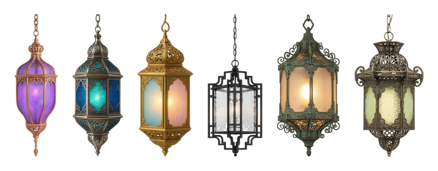 Ornate hanging lanterns set including various metal finishes and colored glass isolated. Elegant decoration and festive ambiance collection.