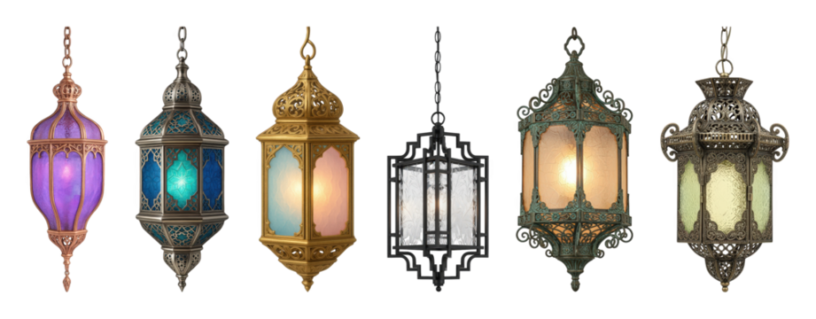 Ornate hanging lanterns set including various metal finishes and colored glass isolated. Elegant decoration and festive ambiance collection.