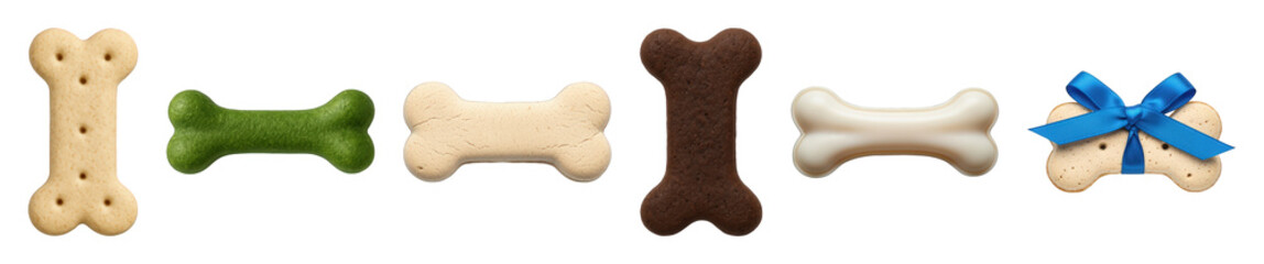 Bone-shaped dog treats set including beige, green, brown, and creamy chews, plus a gift biscuit isolated. Pet food and snack collection.