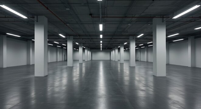 Empty warehouse interior showing concrete floor and support columns under fluorescent lights, creating a sense of vastness and industrial minimalism.