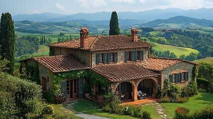 Rustic stone house on rolling hills