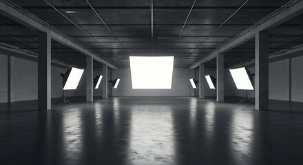 Empty industrial warehouse with polished concrete floor and bright white screen illuminated by studio lights creates a modern, minimalist aesthetic, perfect for presentations.