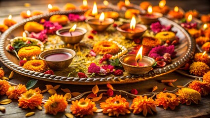 Vibrant diwali display featuring glowing diyas, colorful marigold flowers, and decorative elements on a rustic wooden surface, creating a festive atmosphere