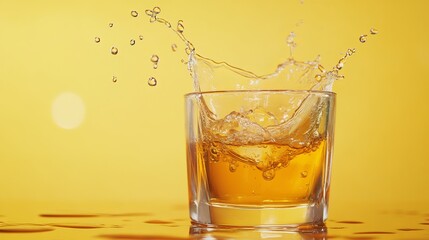 Dynamic amber liquid splash frozen mid-air in a clear glass with ice cubes on yellow background