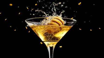 Vibrant golden cocktail splash with confetti, celebrating luxury and indulgence in a dynamic visual