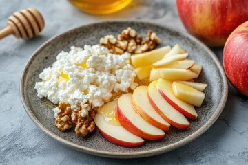 Healthy snack featuring fresh apple slices, cottage cheese, walnuts, and honey for a nutritious option at any time of day