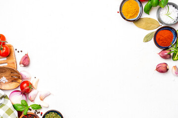 Food and cooking with spices background, Indian kitchen, white copy space, top view