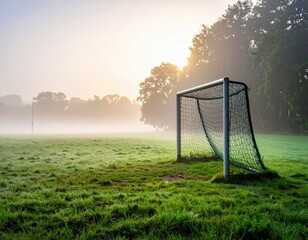 Soccer goal on a field in the fog at sunrise