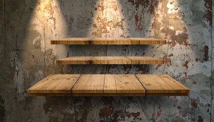 Wooden shelves against a textured wall