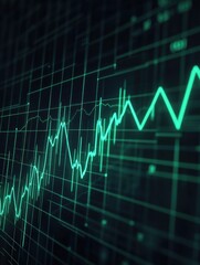 Data visualization of fluctuating market trends represented by a green line graph on a dark grid background