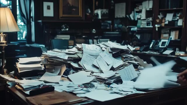 Desk cluttered with disorganized papers in a dimly lit office during the late evening hours