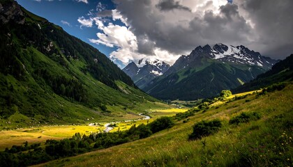 A verdant valley nestled amongst majestic snow-capped peaks, bathed in the warm glow of sunlight filtering through dramatic clouds.