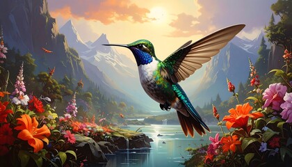 Obraz premium A vibrant hummingbird soars through a breathtaking mountain valley filled with colorful flowers and lush greenery.