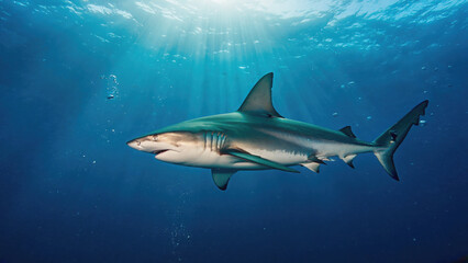 Fototapeta premium Oceanic Predator: A sleek, majestic shark glides effortlessly through the deep, its silhouette illuminated by the ethereal sunlight filtering from the ocean's surface.