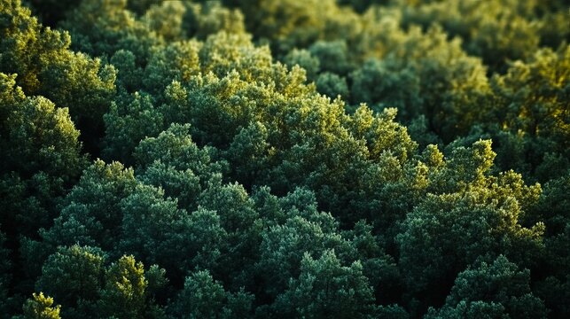 Lush green forest canopy bathed in golden sunlight, a serene natural landscape.