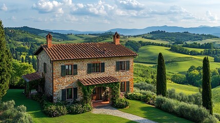 Stone house in picturesque valley landscape